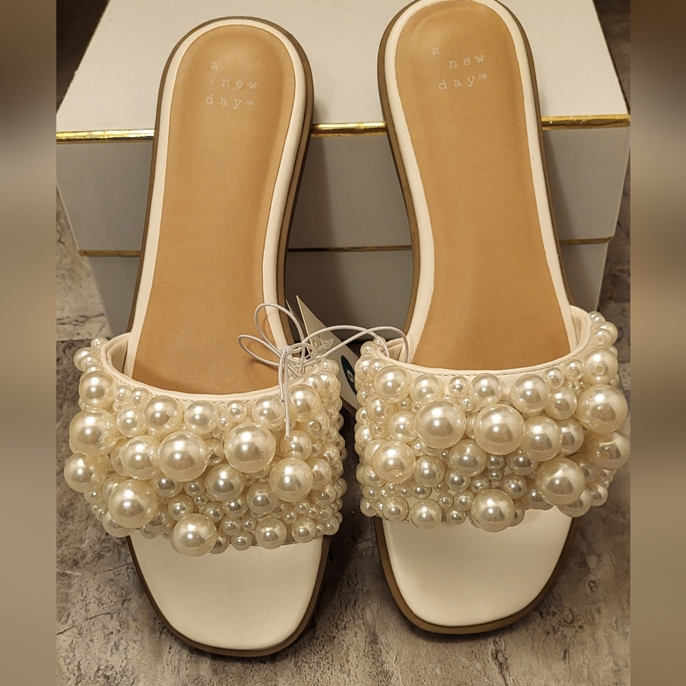 A Dew Day, Pearl Embellished Cream Sandals - Picture 7 of 9